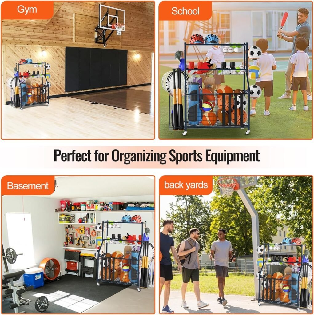 UOKRR Sports Equipment Organizer for Garage Ball Storage Racks Garage Kids Toys Storage Sport Gear Organizer Easy Movable with Wheels  Brake Indoor/Outdoor Heavy Duty Steel Sports Storage Cart