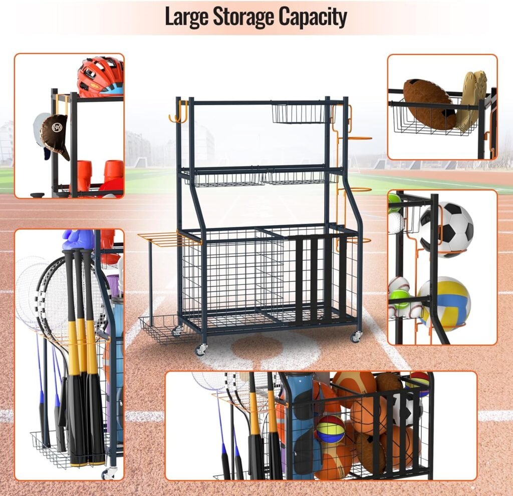 UOKRR Sports Equipment Organizer for Garage Ball Storage Racks Garage Kids Toys Storage Sport Gear Organizer Easy Movable with Wheels  Brake Indoor/Outdoor Heavy Duty Steel Sports Storage Cart