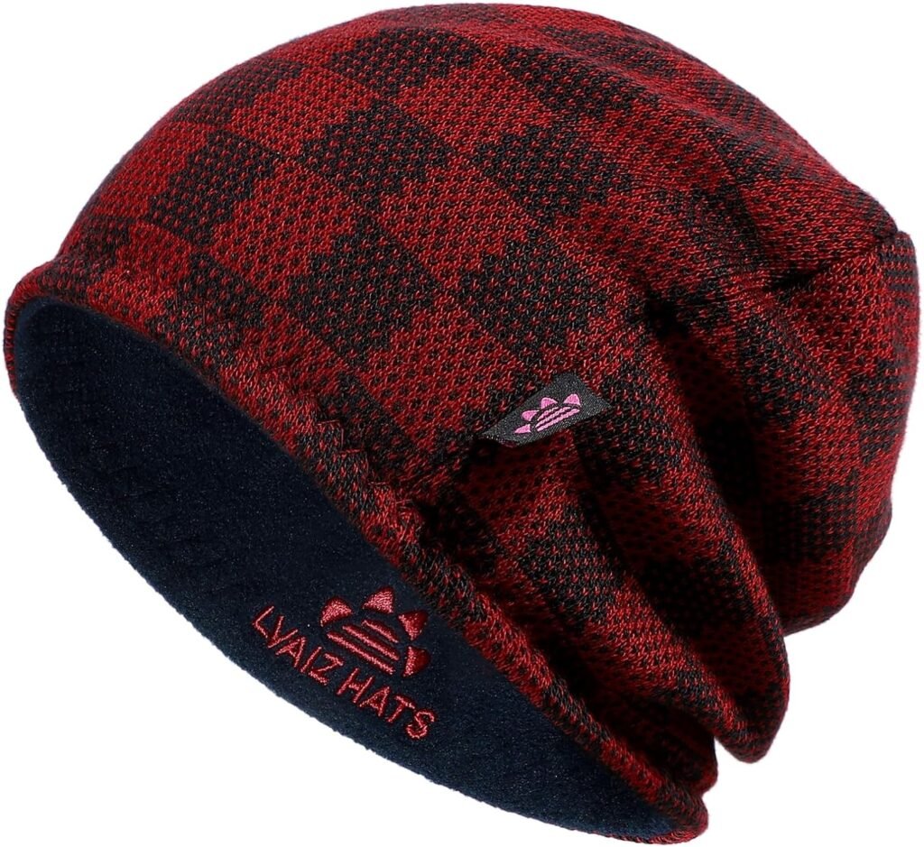 Winter Beanie Hat for Men Women Fleece Lined Thick Warm Plaid Knitted Skull Beanie Reversible Outdoor Windproof Ski Watch Cap