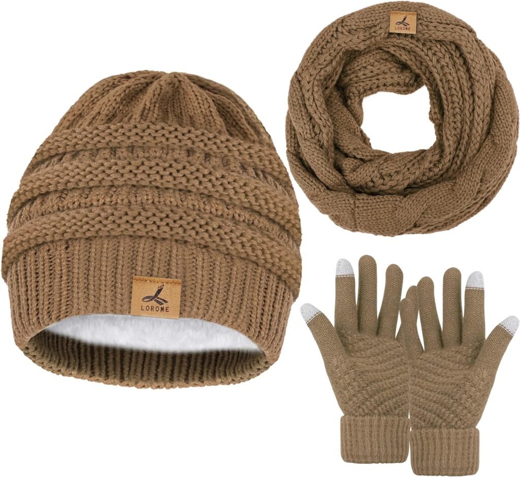 Winter Beanie Hat Scarf Gloves, Warm Fleece Knit Winter Hats Touch Screen Gloves Neck Scarf Set Winter Gifts for Women Men