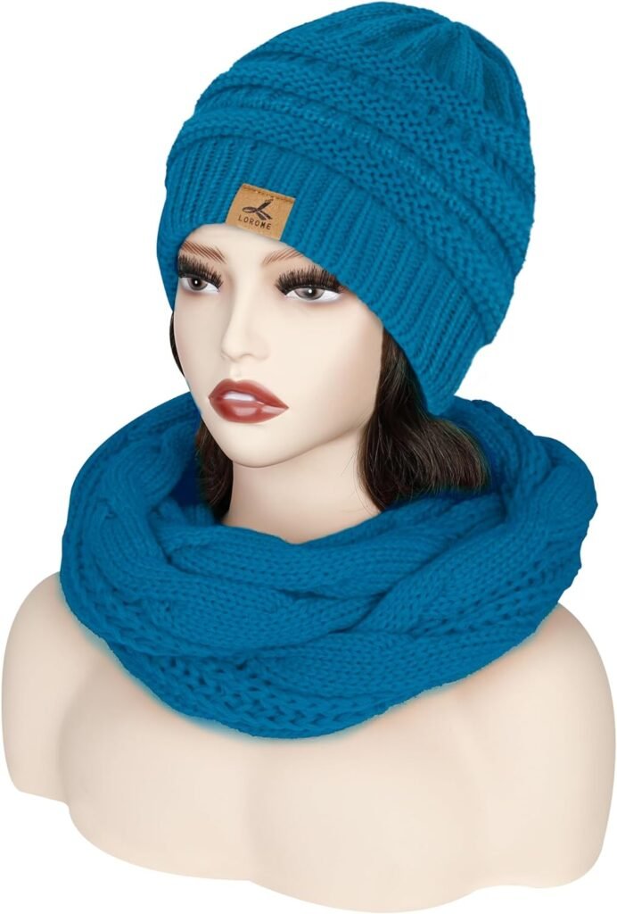 Winter Beanie Hat Scarf Gloves, Warm Fleece Knit Winter Hats Touch Screen Gloves Neck Scarf Set Winter Gifts for Women Men