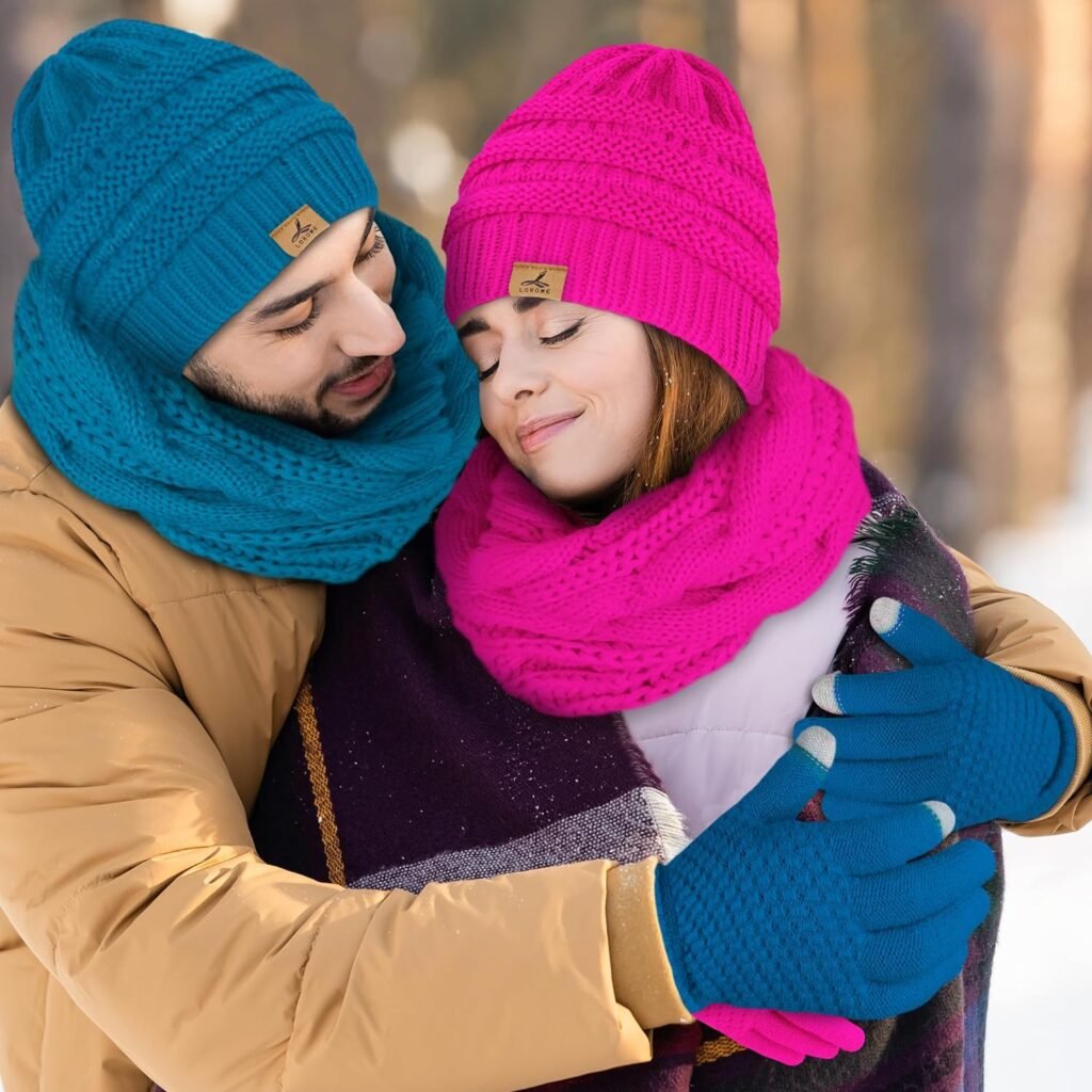 Winter Beanie Hat Scarf Gloves, Warm Fleece Knit Winter Hats Touch Screen Gloves Neck Scarf Set Winter Gifts for Women Men