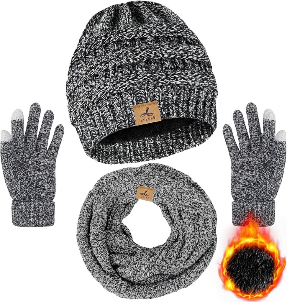 Winter Beanie Hat Scarf Gloves, Warm Fleece Knit Winter Hats Touch Screen Gloves Neck Scarf Set Winter Gifts for Women Men