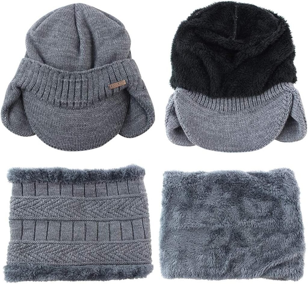 Winter Beanie w/Visor  Earflaps for Men Outdoor Fleece Hat Scarf Set