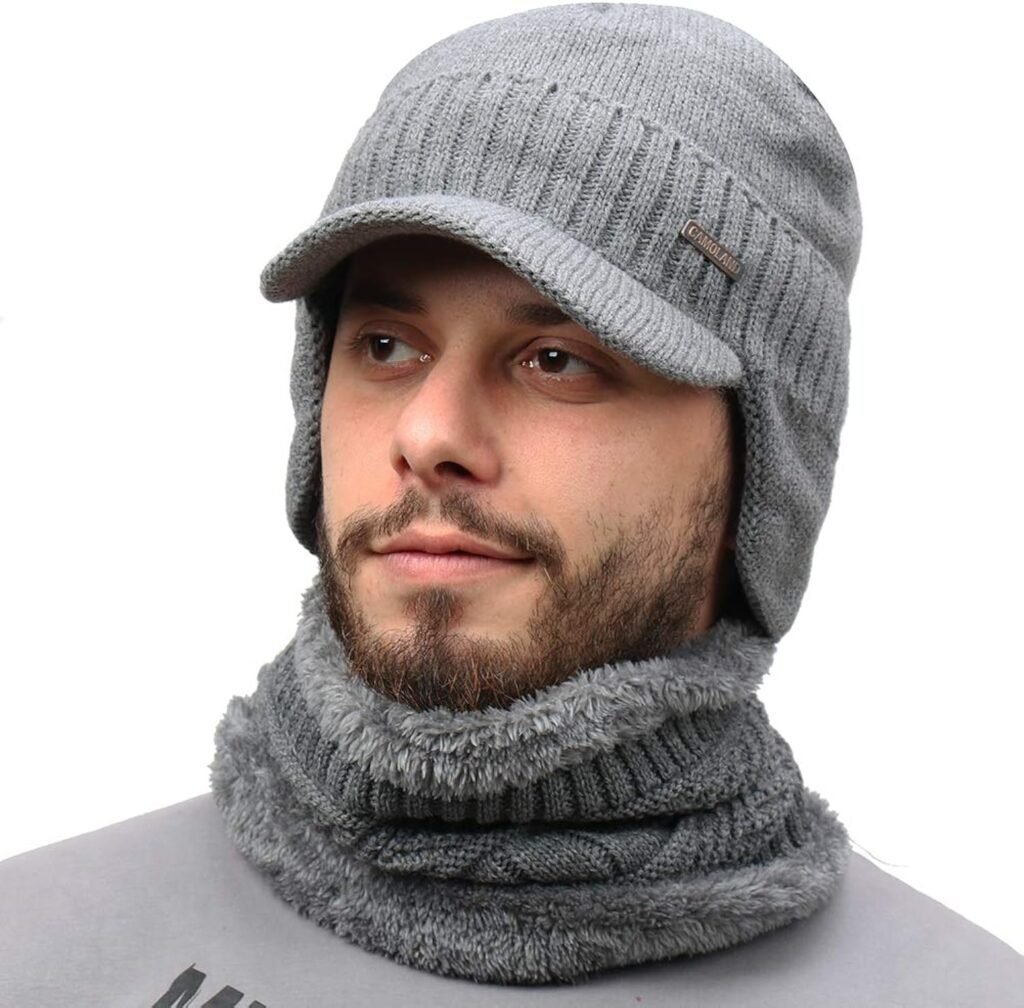 Winter Beanie w/Visor  Earflaps for Men Outdoor Fleece Hat Scarf Set