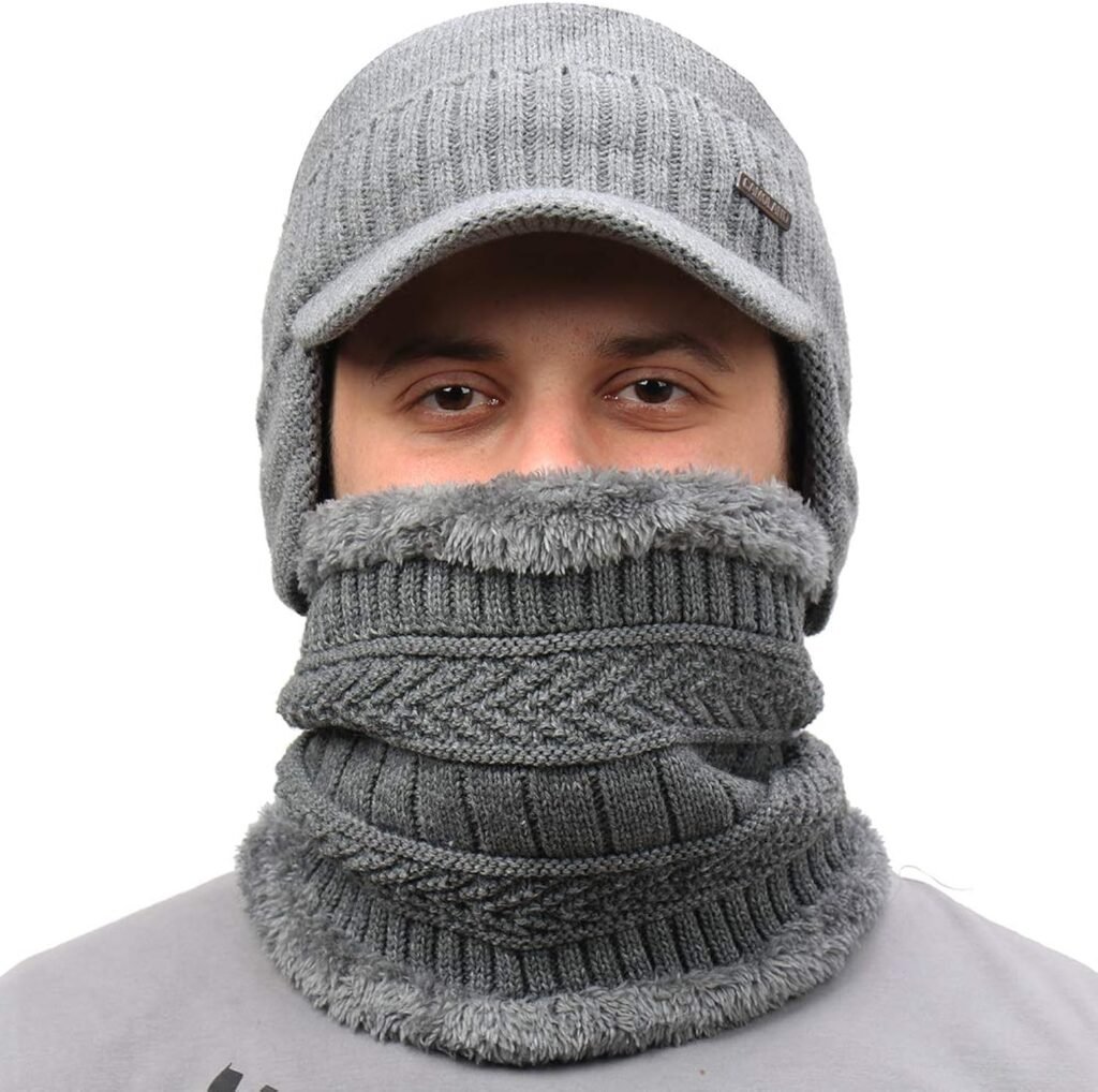 Winter Beanie w/Visor  Earflaps for Men Outdoor Fleece Hat Scarf Set