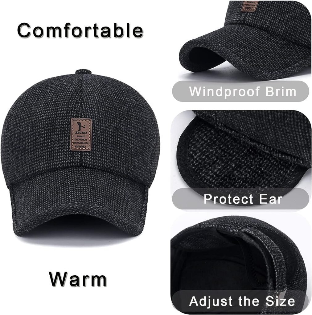 Winter for Men Outdoor Hat, Adjustable Warm Sport Golf Baseball Cap Hats Dad Caps Earflaps Thicken 55-60CM