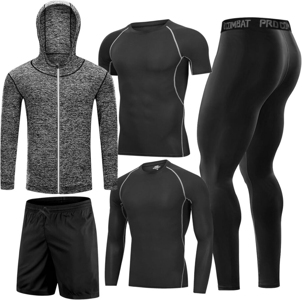 Workout Sets Compression Shirt Pants Jacket for outdoor sports Gym Clothes for Men 5PCS