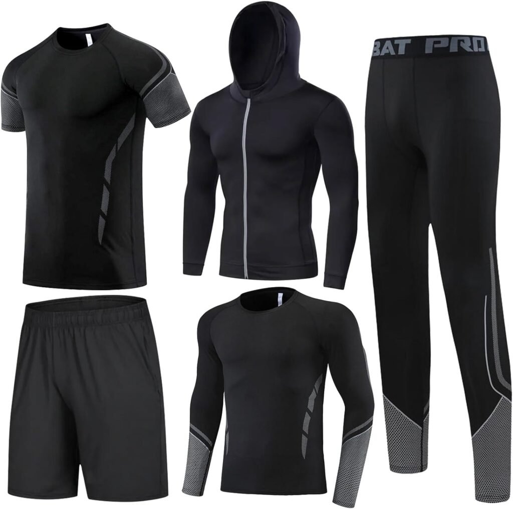 Workout Sets Compression Shirt Pants Jacket for outdoor sports Gym Clothes for Men 5PCS