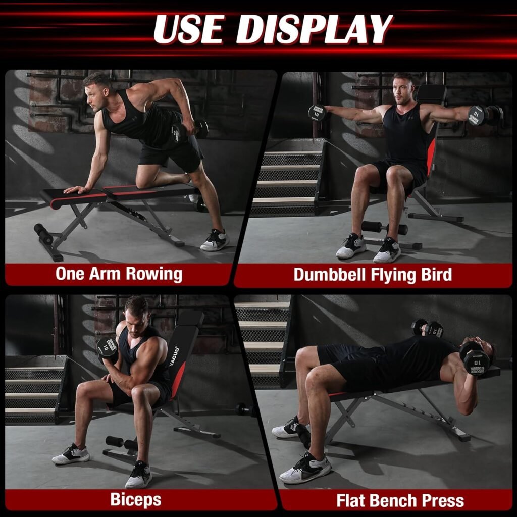 Yagud Weight Bench for Home Gym, Adjustable Multi-purpose Workout Bench Press, 880 Lb Stable Decline Incline Bench for Full Body Exercise, 3 Sec Fast Folding Strength Training Sit up Bench