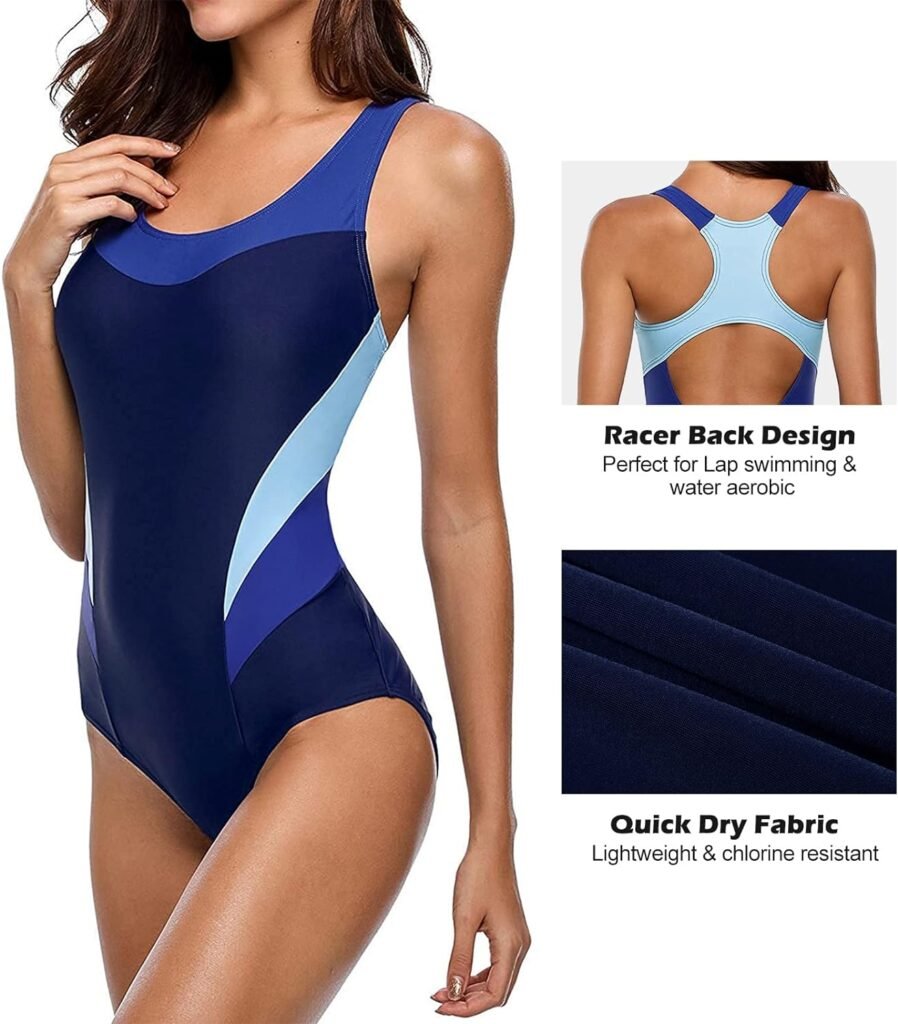 Athletic One Piece Swimsuit Women Racer Back Color Block Bathing Suit