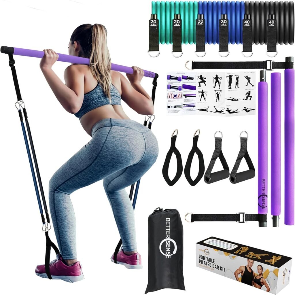 Better Sense Upgraded Pilates Bar Kit –46.5” Adjustable Exercise Equipment for Men, Women with 6X 20, 30, 40 lbs Resistance Bands  4 Loops– Pilates Equipment for Home Workouts for All Fitness Levels