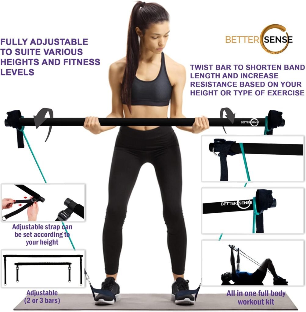 Better Sense Upgraded Pilates Bar Kit –46.5” Adjustable Exercise Equipment for Men, Women with 6X 20, 30, 40 lbs Resistance Bands  4 Loops– Pilates Equipment for Home Workouts for All Fitness Levels