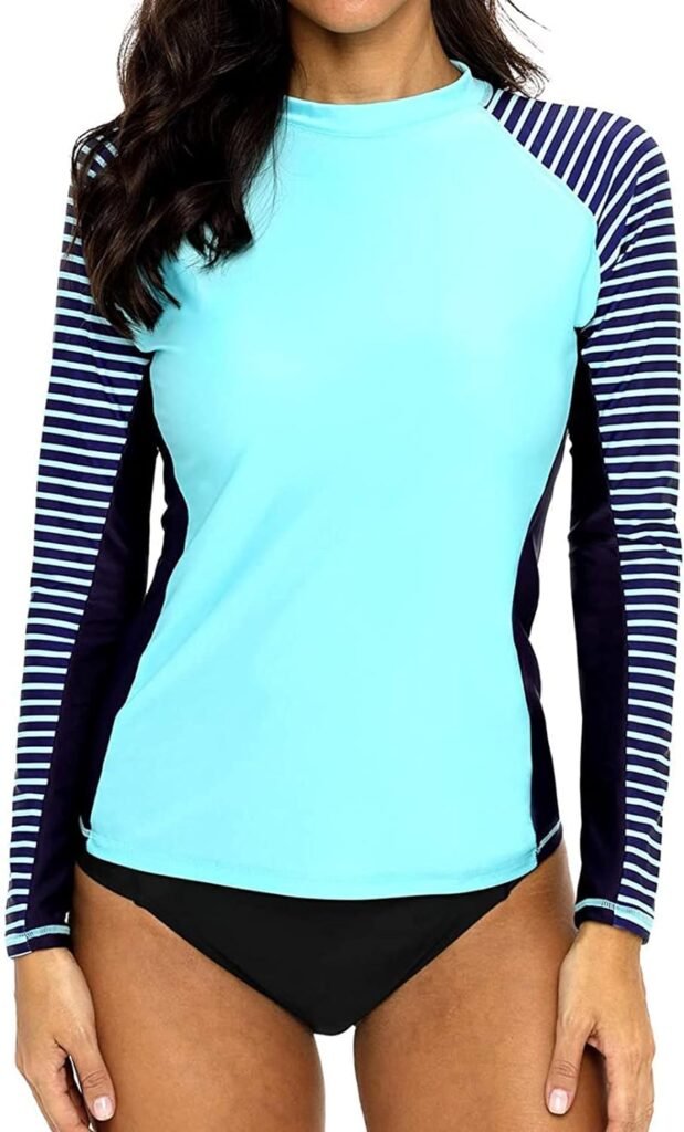 CharmLeaks Womens Long Sleeve Rashguard UPF 50 Sun Protection Swimsuit Top Striped Swim Shirts