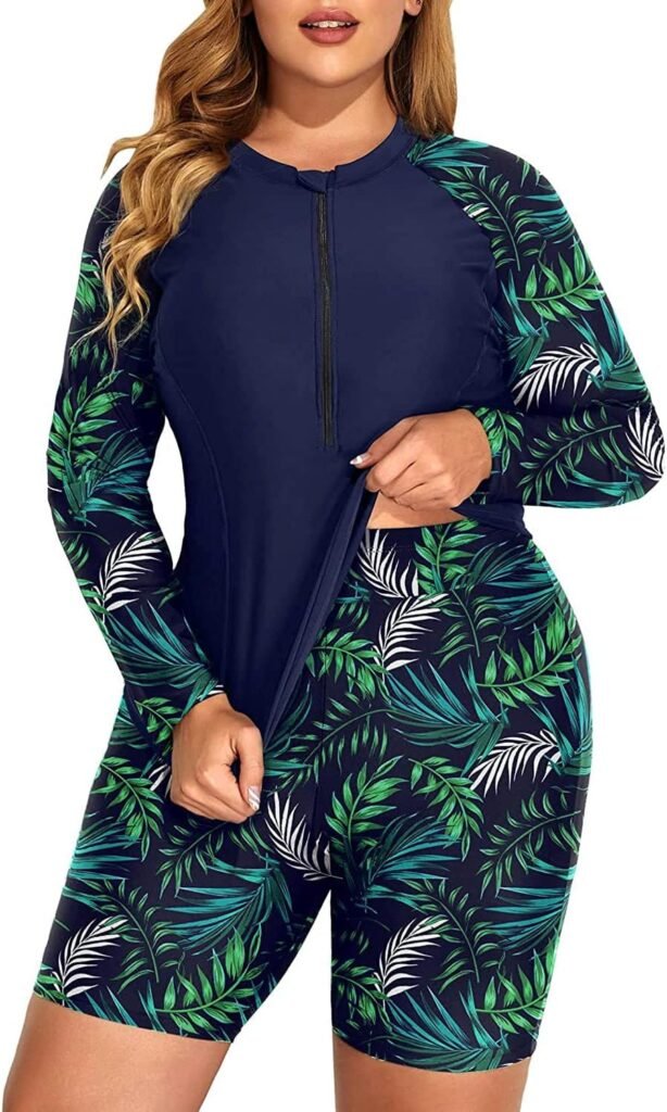 Daci Women 2 Piece Plus Size Long Sleeve Rash Guard Bathing Suit Zip Front Athletic Boy Shorts Tankini Swimsuits UPF 50