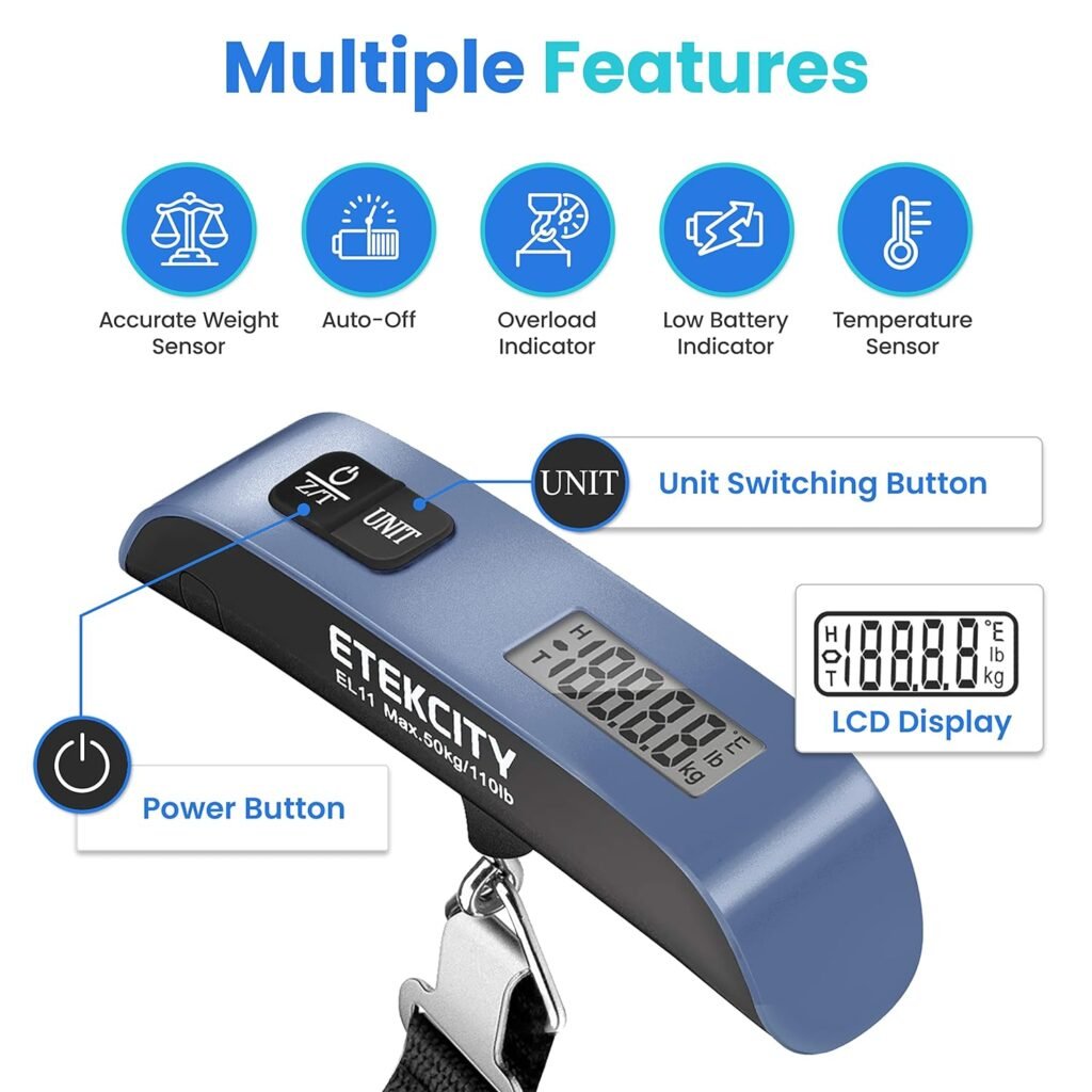 Etekcity Luggage Scale, Digital Weight Scales for Travel Accessories Essentials Suitcases , Portable Handheld Scale with Temperature Sensor, Rubber Paint, 110 Pounds, Battery Included