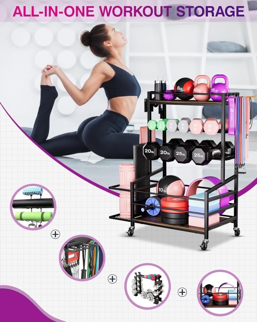 FHXZH Yoga Mat Storage Rack, Home Gym Workout Equipment Storage Rack, Cart for Organizing Workout Room, Organizer Yoga Equipment Dumbbell Kettlebells Home Gym Storage Rack with Hooks and Wheels