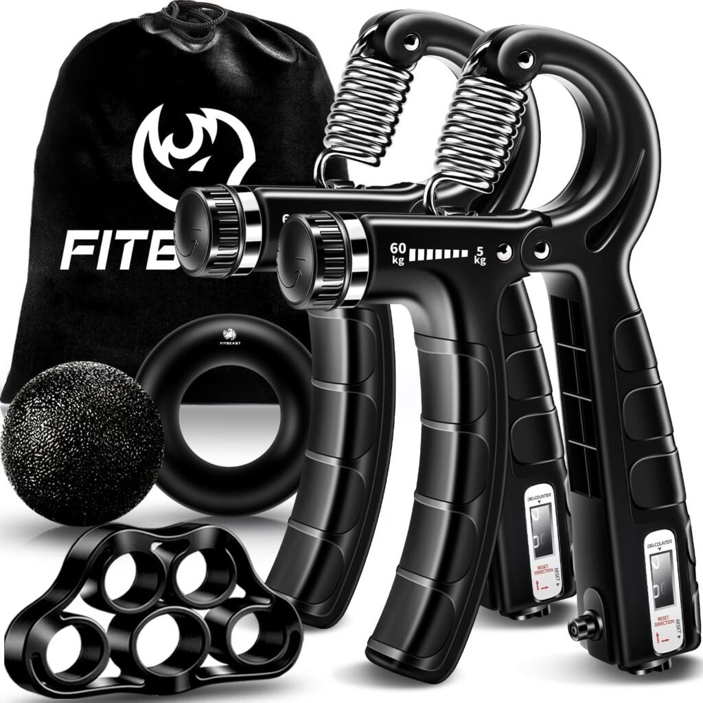 FitBeast Hand Grip Strengthener Workout Kit (5 Pack), 2 Forearm Grip Adjustable Resistance Hand Gripper, Finger Stretcher, Grip Ring  Stress Relief Grip Ball for Athletes