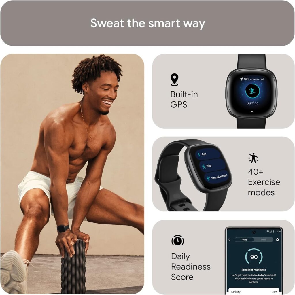 Fitbit Versa 4 Fitness Smartwatch with Daily Readiness, GPS, 24/7 Heart Rate, 40+ Exercise Modes, Sleep Tracking and more, Waterfall Blue/Platinum, One Size (S  L Bands Included)