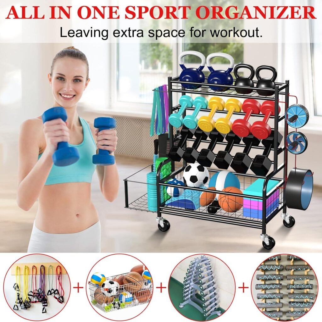 FITPARNER Dumbbell Rack,Weight Rack for Dumbbells,Home Gym Storage for Kettlebells,Yoga Mat,Balls and Strength Training Equipment,All In One Weight Rack for Home Gym with Hooks and Wheels