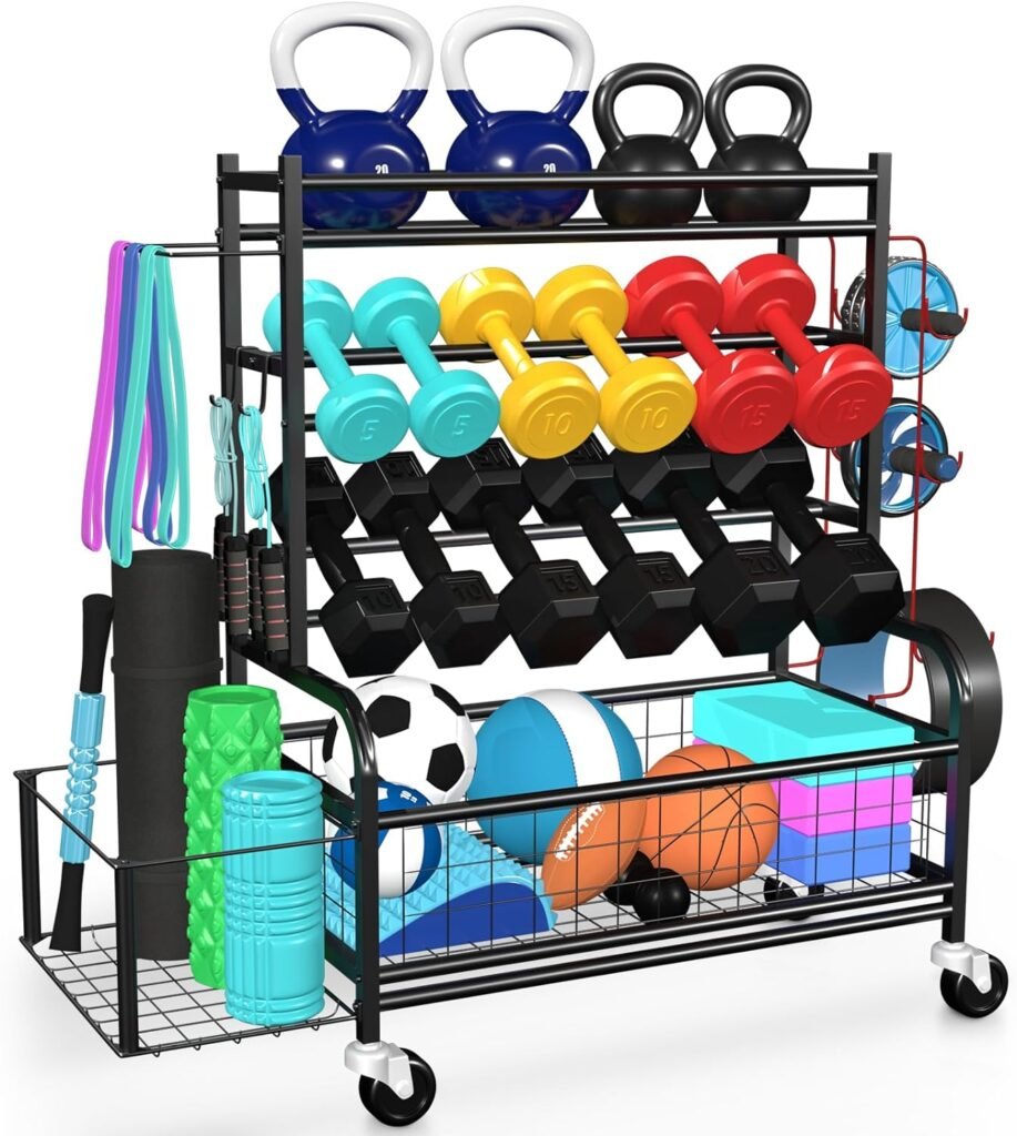 FITPARNER Dumbbell Rack,Weight Rack for Dumbbells,Home Gym Storage for Kettlebells,Yoga Mat,Balls and Strength Training Equipment,All In One Weight Rack for Home Gym with Hooks and Wheels