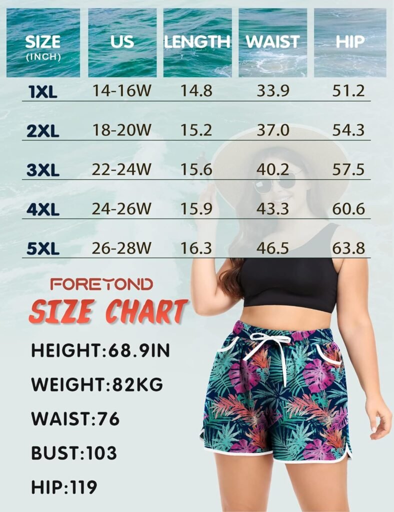 FOREYOND Womens Plus Size Swim Shorts High Waist Board Shorts Swimmwear Shorts Quick Dry Beach Shorts