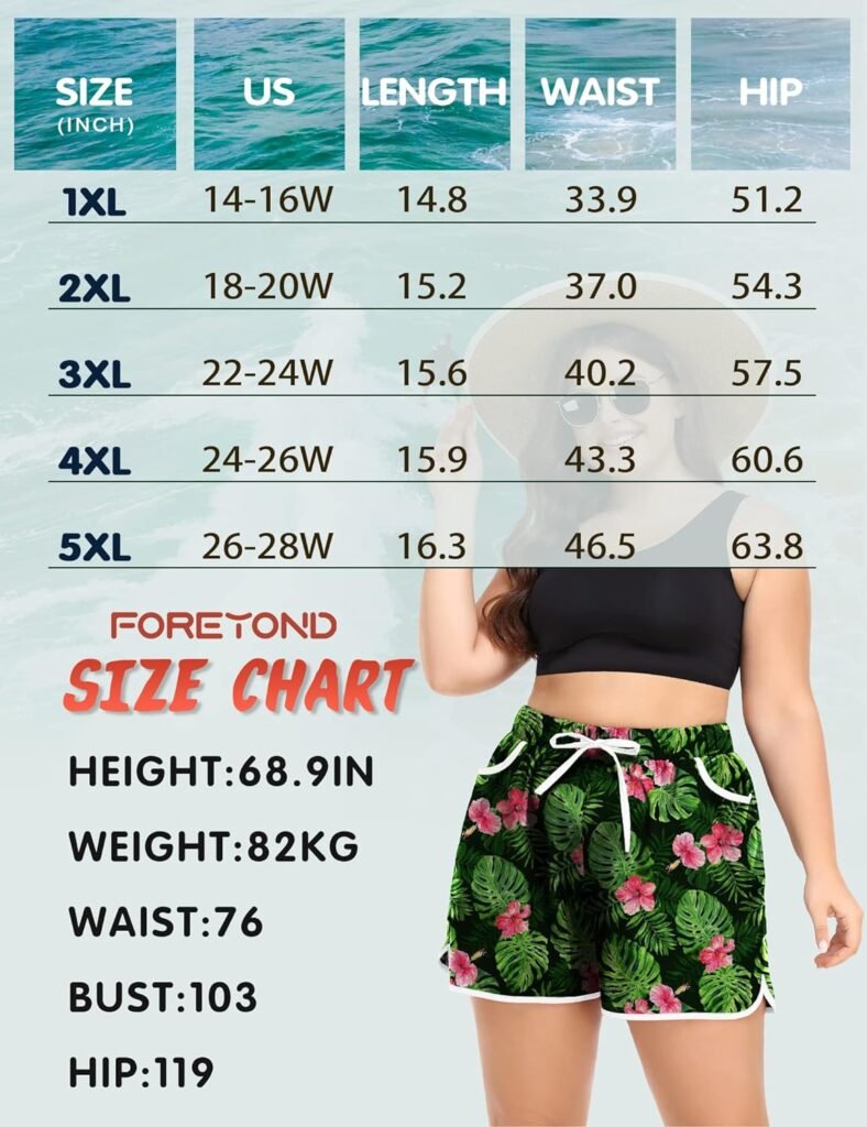 FOREYOND Womens Plus Size Swim Shorts High Waist Board Shorts Swimmwear Shorts Quick Dry Beach Shorts