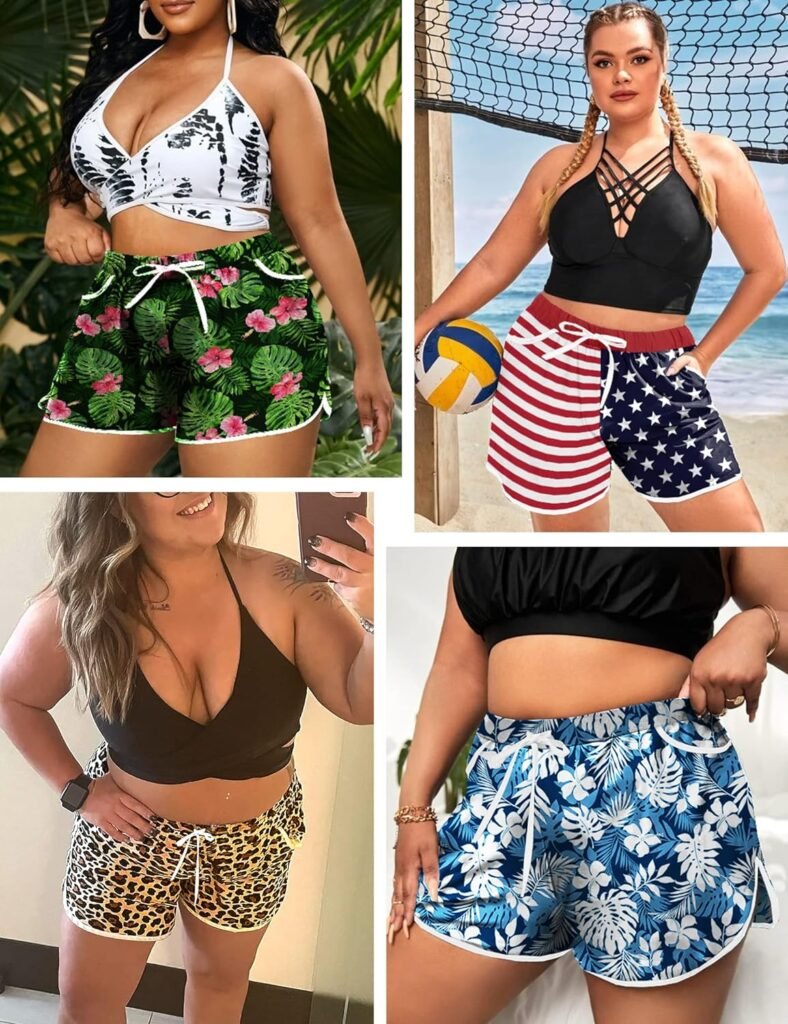 FOREYOND Womens Plus Size Swim Shorts High Waist Board Shorts Swimmwear Shorts Quick Dry Beach Shorts