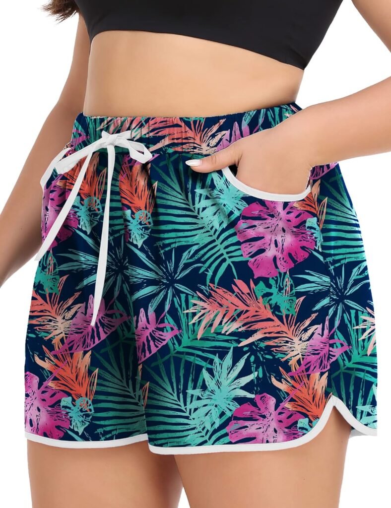 FOREYOND Womens Plus Size Swim Shorts High Waist Board Shorts Swimmwear Shorts Quick Dry Beach Shorts