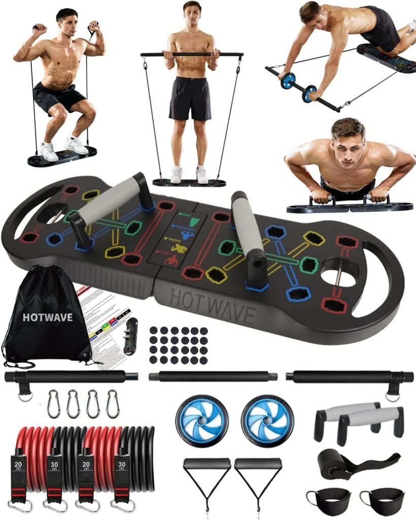 HOTWAVE Portable Exercise Equipment with 16 Gym Accessories.20 in 1 Push Up Board Fitness,Resistance Bands with Ab Roller Wheel,Full Body Workout at Home,Patent Pending