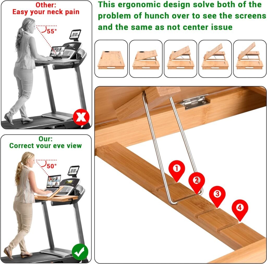 JOSHMAR Treadmill Desk Attachment – Premium Walking Desk Connected with Riser, Cup and Phone Holder. Adjustable Ergonomic Bamboo Treadmill Laptop Holder for Home or Office Workstations.