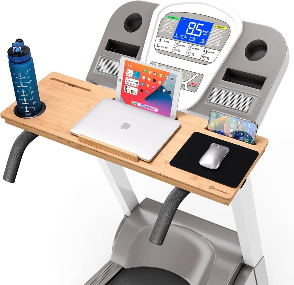 JOSHMAR Treadmill Desk Attachment – Premium Walking Desk Connected with Riser, Cup and Phone Holder. Adjustable Ergonomic Bamboo Treadmill Laptop Holder for Home or Office Workstations.