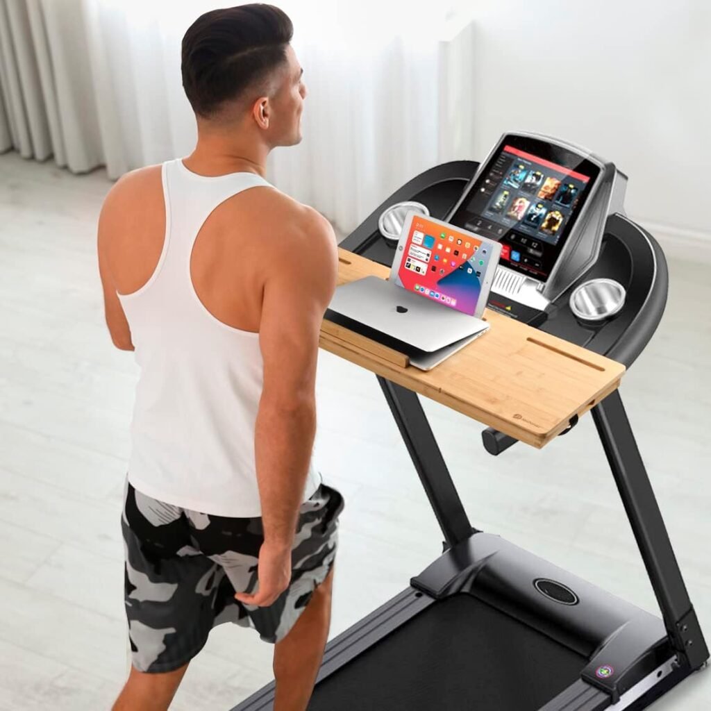 JOSHMAR Treadmill Desk Attachment – Premium Walking Desk Connected with Riser, Cup and Phone Holder. Adjustable Ergonomic Bamboo Treadmill Laptop Holder for Home or Office Workstations.