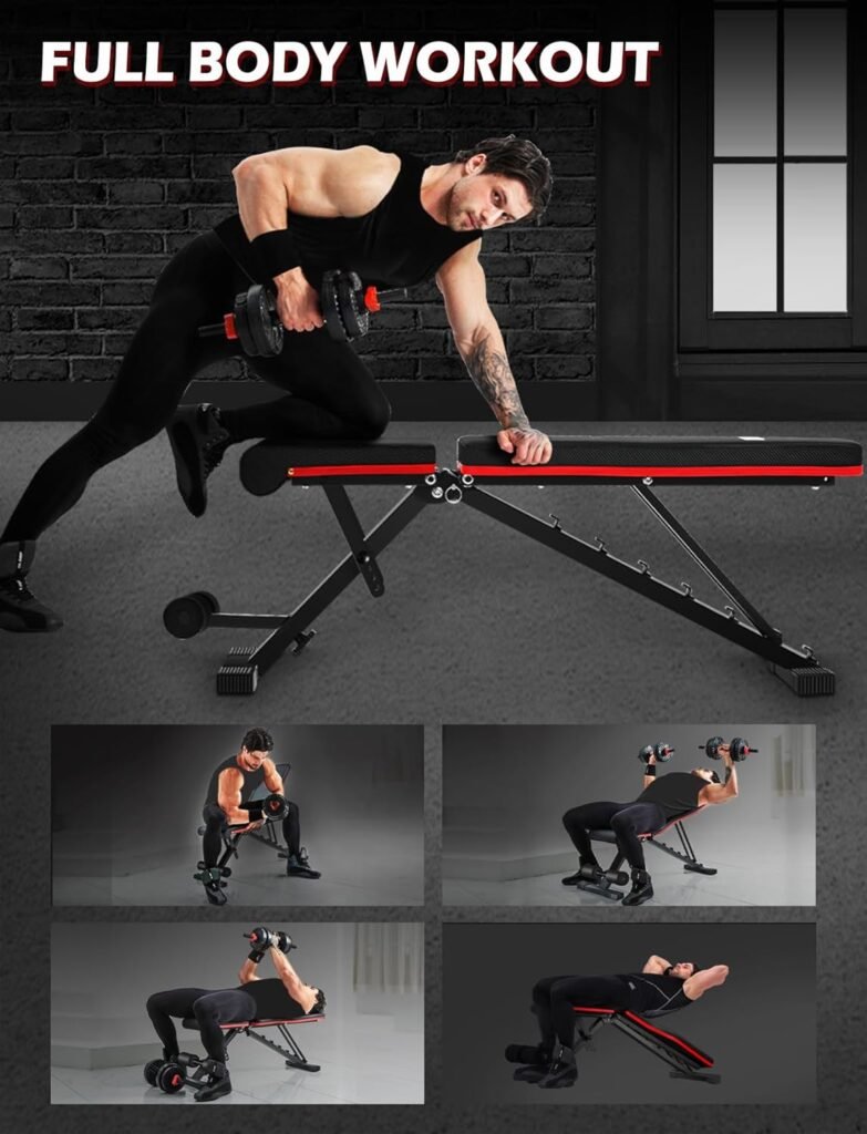 LINODI Weight Bench, Adjustable Strength Training Benches for Full Body Workout, Multi-Purpose Foldable Incline Decline Home Gym Bench