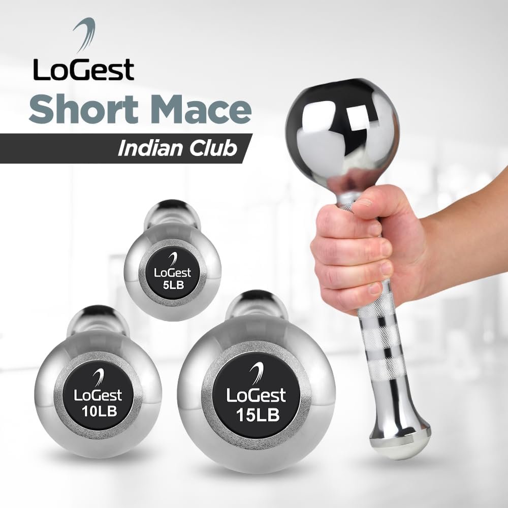 LoGest Short Steel Mace Exercise Club - Heavy Duty Steel Construction Indian Clubs - Portable Design Lightweight Equipment - Full-Body Workout Available in 5 10 15 Lbs - Beginner  Expert Workout Mace