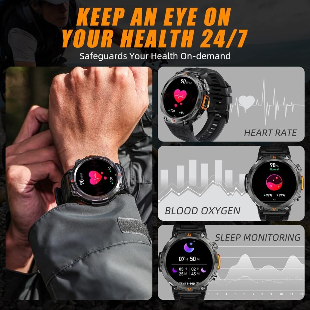 Military Smart Watch for Men (Answer/Dial) Flashlight 1.45” Rugged Smart Watch 100+ Sports Modes IP68 Waterproof Fitness Watch with Heart Rate Sleep Tracker Outdoor Tactical Smartwatch for iOS Android