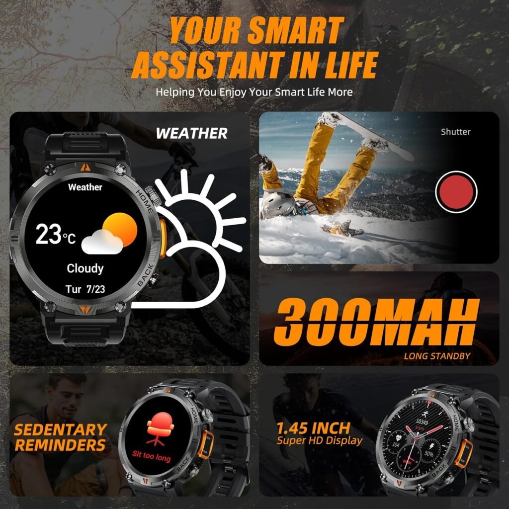 Military Smart Watch for Men (Answer/Dial) Flashlight 1.45” Rugged Smart Watch 100+ Sports Modes IP68 Waterproof Fitness Watch with Heart Rate Sleep Tracker Outdoor Tactical Smartwatch for iOS Android