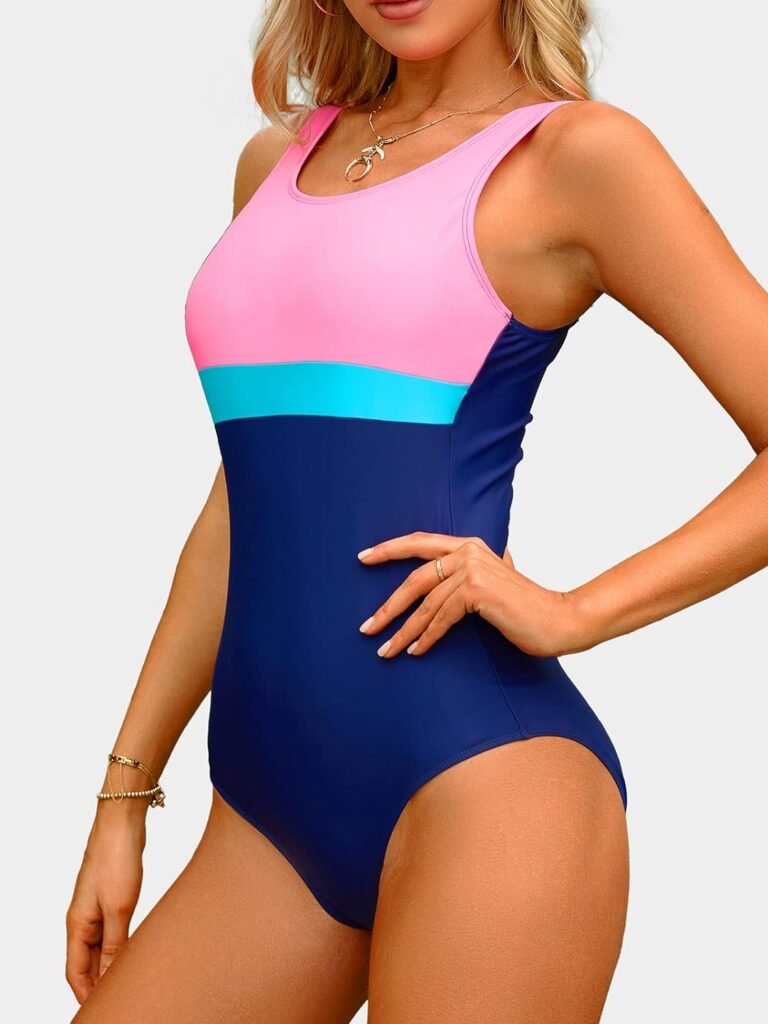 Mstuming Womens One-Piece Swimsuits Athletic Tummy Control Training Sports Bathing Suit High Cut Color Block Swimwear