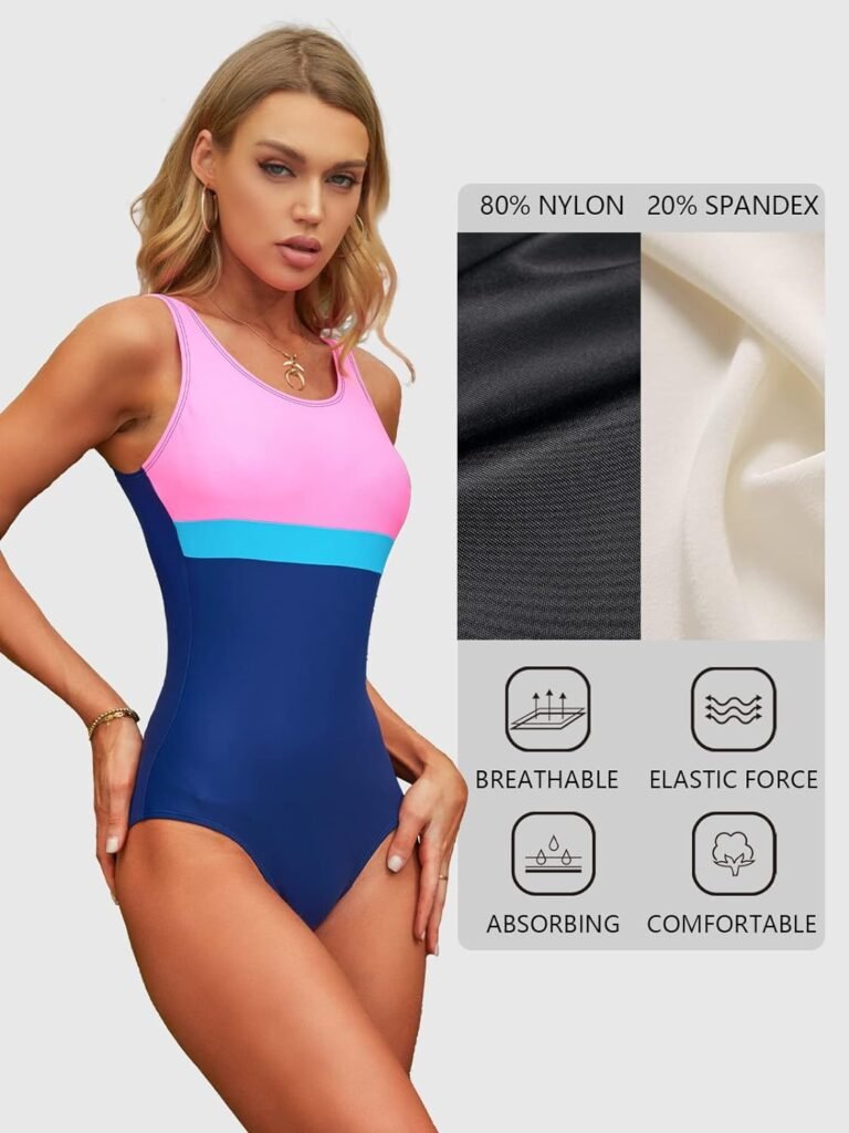 Mstuming Womens One-Piece Swimsuits Athletic Tummy Control Training Sports Bathing Suit High Cut Color Block Swimwear