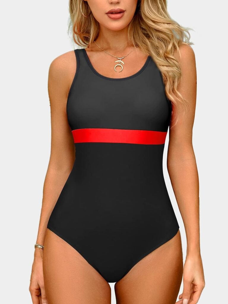 Mstuming Womens One-Piece Swimsuits Athletic Tummy Control Training Sports Bathing Suit High Cut Color Block Swimwear