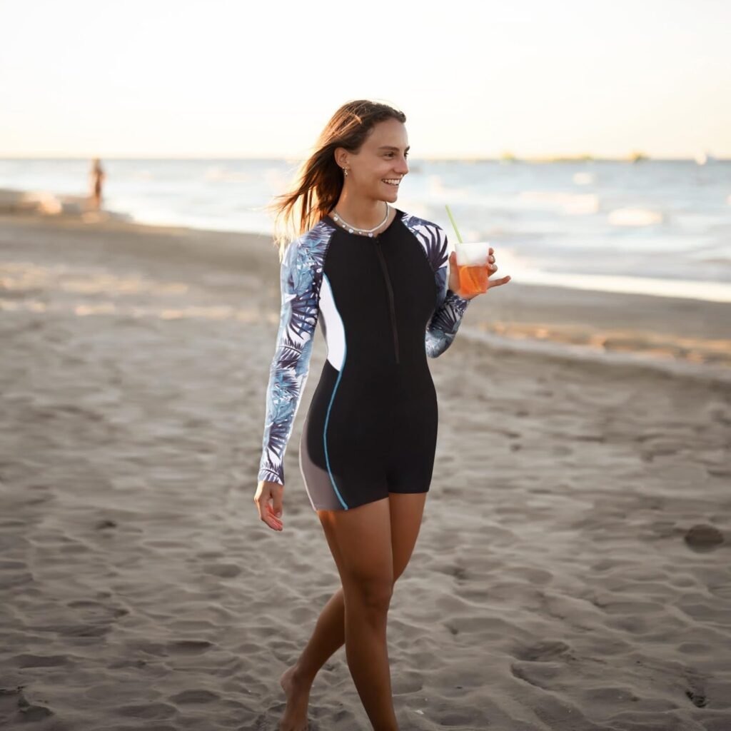 NESY One Piece Long Sleeve Swimsuit for Women Rash Guard Bathing Suit with Boyshort Bottom UPF 50+ Surfing Swimwear