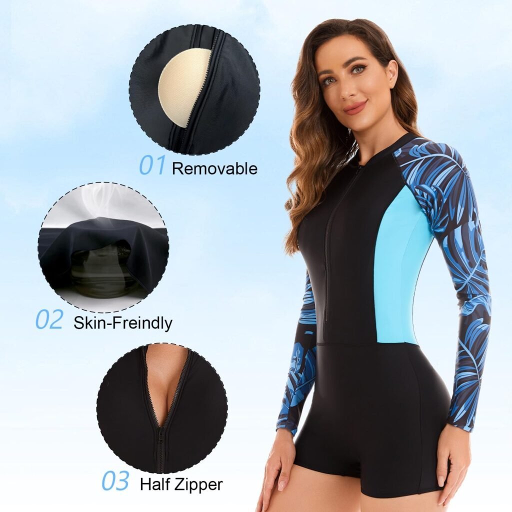 NESY Womens One Piece Long Sleeve Swimsuit Rash Guard Bathing Suit Boyshort Bottom UPF 50+ Surfing Swimwear