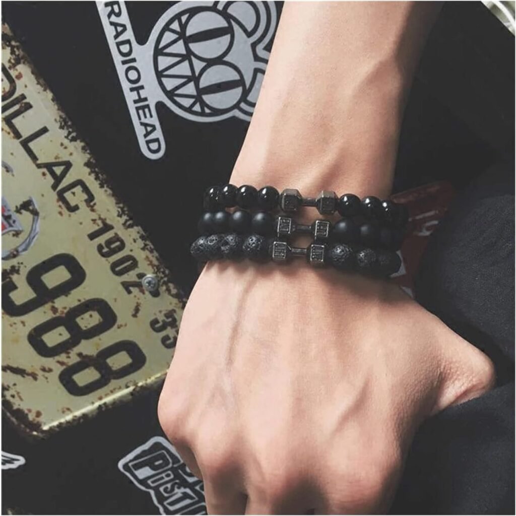 NORLSO Black Dumbbell Bracelet for Men Gym Bros Bracelet Volcanic Lava Stone Adjustable Natural Stone Beads Bracelet Fitness Barbell Jewelry for Men