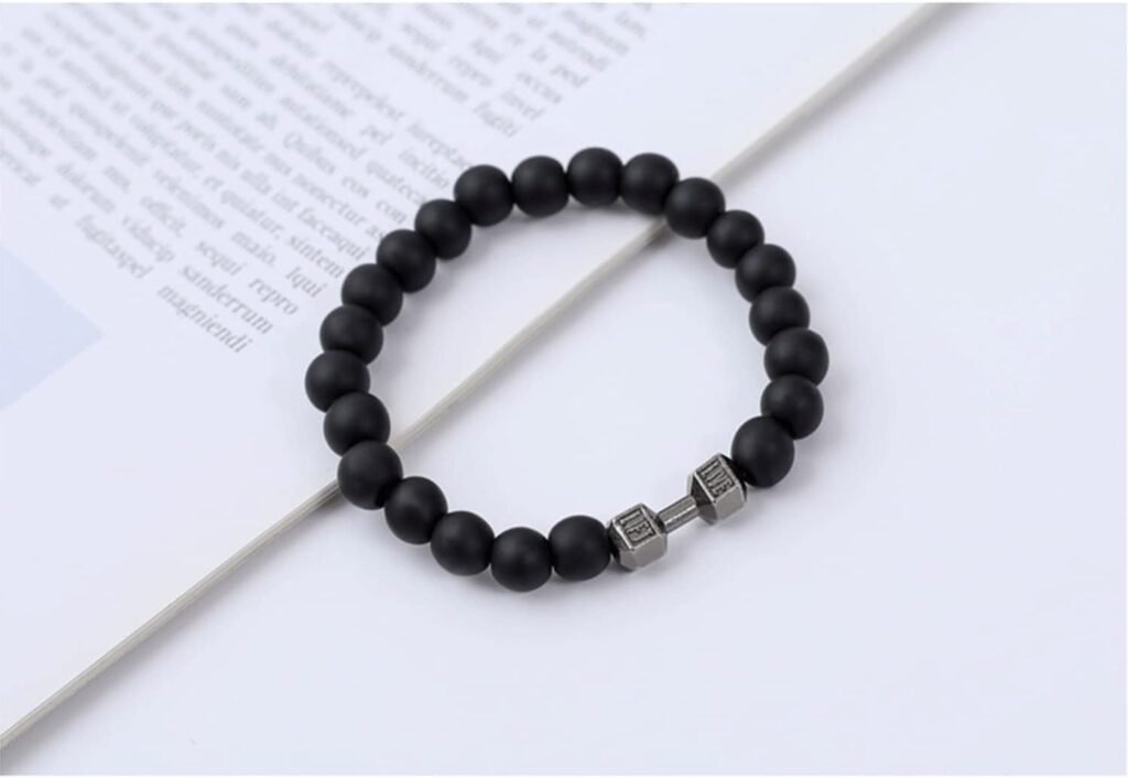 NORLSO Black Dumbbell Bracelet for Men Gym Bros Bracelet Volcanic Lava Stone Adjustable Natural Stone Beads Bracelet Fitness Barbell Jewelry for Men