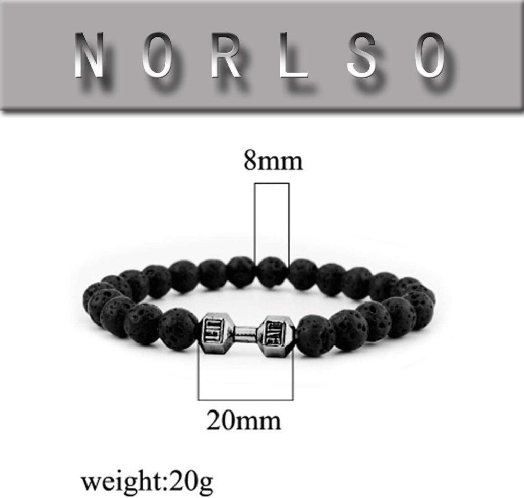 NORLSO Black Dumbbell Bracelet for Men Gym Bros Bracelet Volcanic Lava Stone Adjustable Natural Stone Beads Bracelet Fitness Barbell Jewelry for Men