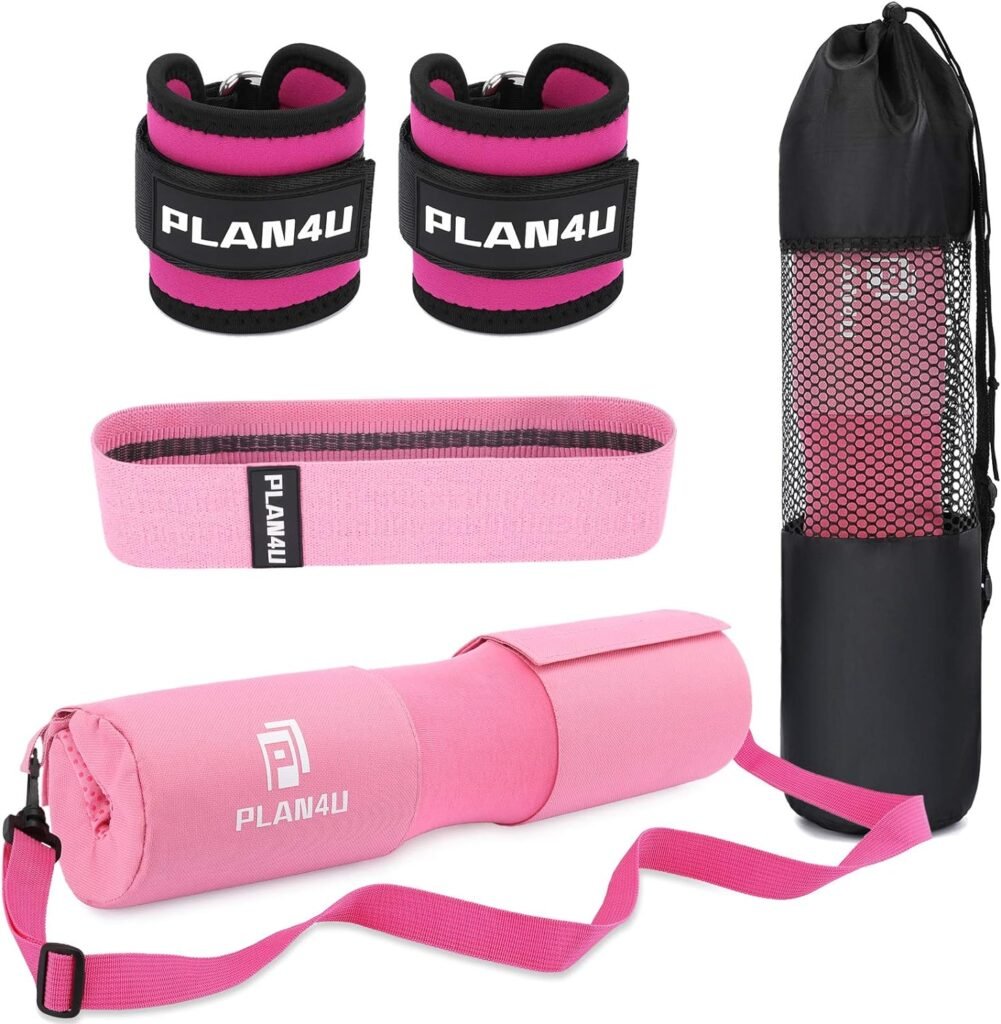 Plan4U Barbell Pad Set for Squat Hip Thrusts Upgraded Workout Foam Weight Lifting Bar Cushion Shoulder Neck Support with Anti-slip Grain, Fits Standard Olympic Bars and Smith Machine, 2 Gym Ankle Straps, Hip Resistance Band, Carry Bag