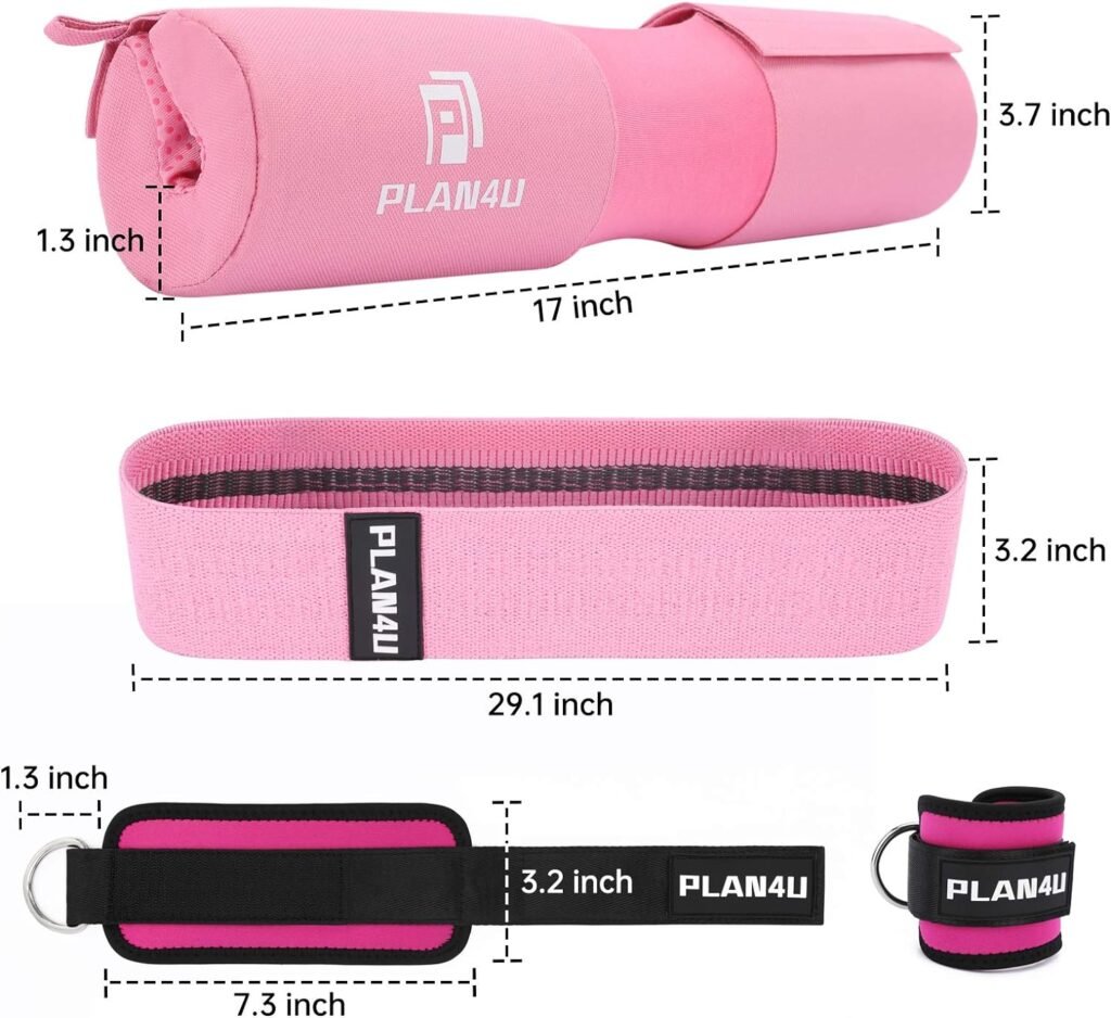 Plan4U Barbell Pad Set for Squat Hip Thrusts Upgraded Workout Foam Weight Lifting Bar Cushion Shoulder Neck Support with Anti-slip Grain, Fits Standard Olympic Bars and Smith Machine, 2 Gym Ankle Straps, Hip Resistance Band, Carry Bag