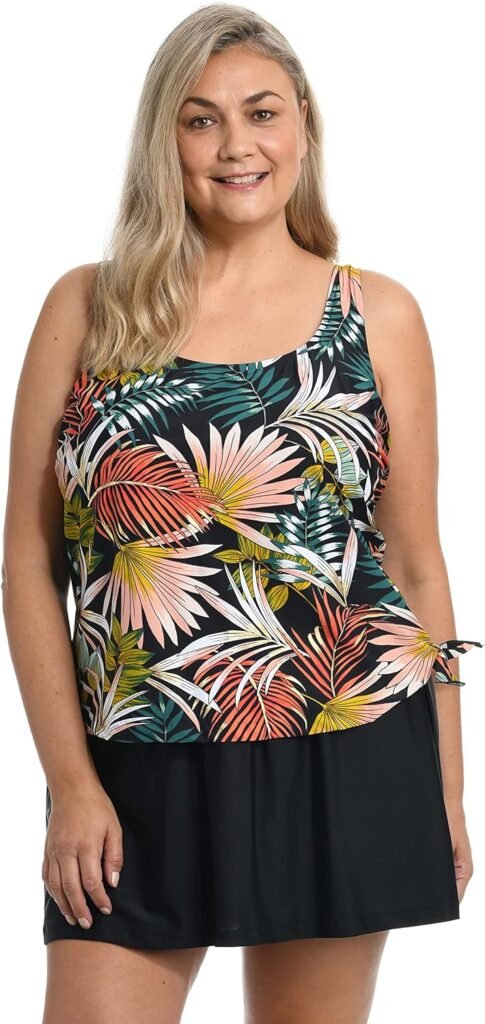 Scoop Neck Faux Tankini Swim Dress One Piece Swimsuit