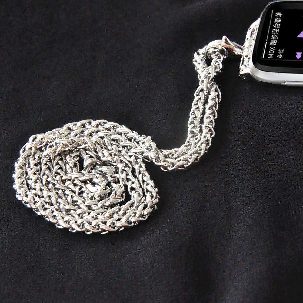 Stainless Steel Chain Necklace Smartwatch Band Compatible with Fitbit Versa 1/2/Lite Newest Polished Silver Metal Wheat Chain Strap Rope Neckband Replacement Accessories Wearable Technology Women Men