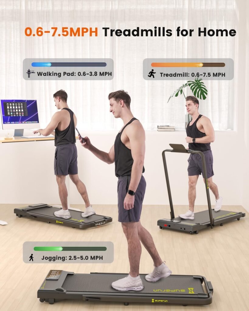 SupeRun 3 in 1 Folding Treadmills for Home Office Easy to Store, 3.0HP Powerful and Quiet Motor Under Desk Treadmill with 300LBs Capacity, Larger Walking Pad with Adjustable Armrest Safer and Comfort